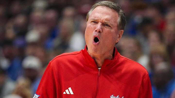 Nov 3, 2025; Lawrence, Kansas, USA; Kansas Jayhawks head coach Bill Self reacts during the first half against the Green Bay Phoenix at Allen Fieldhouse. Mandatory Credit: Jay Biggerstaff-Imagn Images