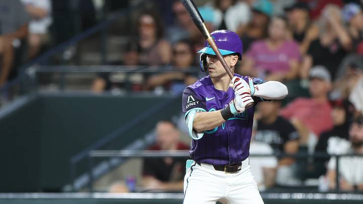 Aug 22, 2026; Phoenix, Arizona, USA; Arizona Diamondbacks right fielder Corbin Carroll (7) looks to bat again the Cincinnati Reds in the third inning at Chase Field. Mandatory Credit: Anna Carrington-Imagn Images