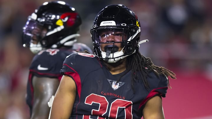 Oct 20, 2022; Glendale, Arizona, USA; Arizona Cardinals running back Keaontay Ingram (30) against