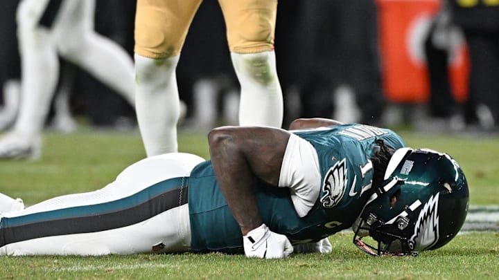 Jan 11, 2026; Philadelphia, PA, USA; Philadelphia Eagles wide receiver A.J. Brown (11) reacts after failing to make a catch against the San Francisco 49ers during the fourth quarter in an NFC Wild Card Round game at Lincoln Financial Field. Mandatory Credit: Eric Hartline-Imagn Images