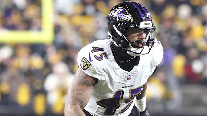 Jan 4, 2026; Pittsburgh, Pennsylvania, USA;  Baltimore Ravens linebacker Mike Green (45) in action against the Pittsburgh Steelers during the second quarter at Acrisure Stadium. Mandatory Credit: Charles LeClaire-Imagn Images