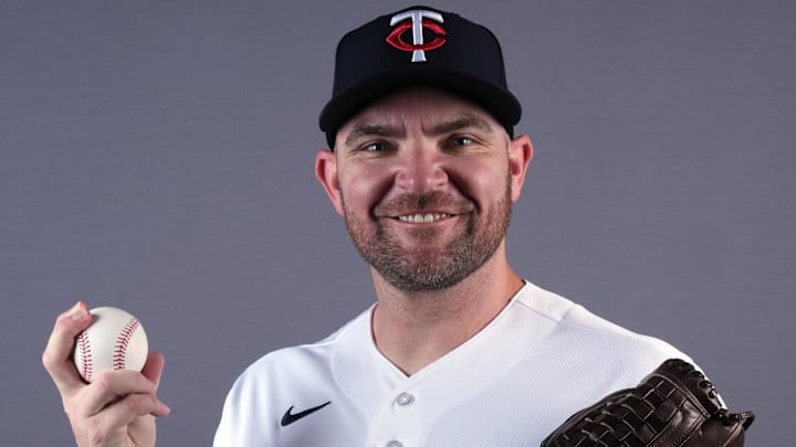 Feb 19, 2026; Lee County, FL, USA;  Minnesota Twins right-handed pitcher Liam Hendriks (31) poses for a portrait during photo day at Hammond Stadium. Mandatory Credit: Jim Rassol-Imagn Images

