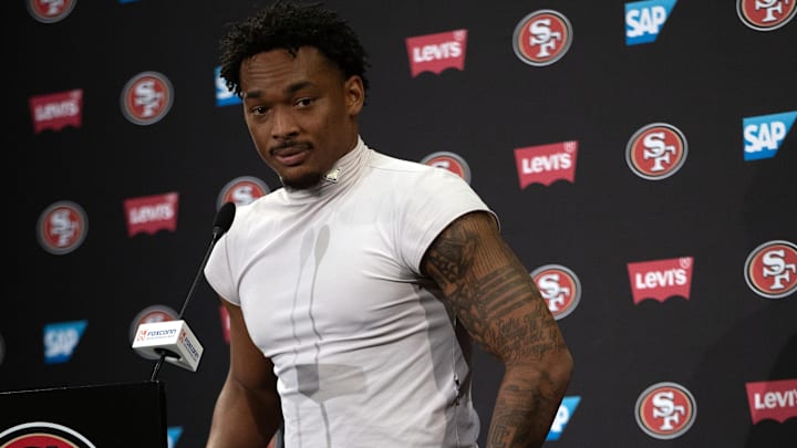 Jun 10, 2025; Santa Clara, CA, USA; San Francisco 49ers cornerback Deommodore Lenoir speaks to the media following an OTA at Levi's Stadium. Mandatory Credit: D. Ross Cameron-Imagn Images