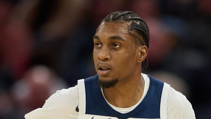 Dec 12, 2025; San Francisco, California, USA; Minnesota Timberwolves forward Jaden McDaniels (3) runs back on defense against the Golden State Warriors during the third quarter at Chase Center. Mandatory Credit: Robert Edwards-Imagn Images