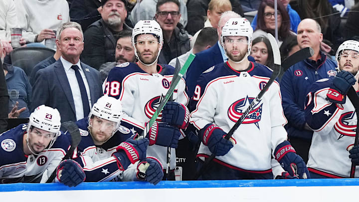 Apr 5, 2025; Toronto, Ontario, CAN; Columbus Blue Jackets head coach Dean Evason watches the play against the Toronto Maple Leafs during the third period at Scotiabank Arena. Mandatory Credit: Nick Turchiaro-Imagn Images