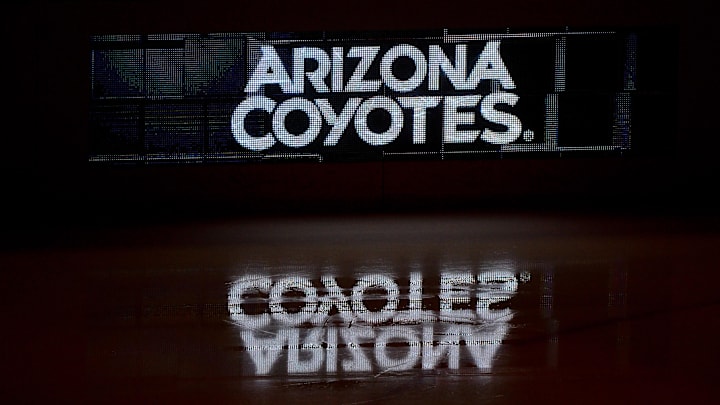Oct 14, 2017; Glendale, AZ, USA; The Arizona Coyotes logo is reflected on the ice.