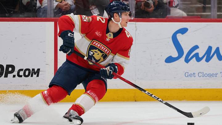 Feb 27, 2026; Sunrise, Florida, USA; Florida Panthers defenseman Gustav Forsling (42) moves the puck against the Buffalo Sabres during the first period at Amerant Bank Arena. Mandatory Credit: Sam Navarro-Imagn Images Feb 27, 2026; Sunrise, Florida, USA; Florida Panthers defenseman Gustav Forsling (42) moves the puck against the Buffalo Sabres during the first period at Amerant Bank Arena. Mandatory Credit: Sam Navarro-Imagn Images