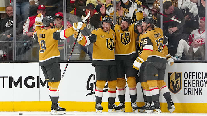 Mar 22, 2025; Las Vegas, Nevada, USA; Vegas Golden Knights center Tomas Hertl (48) celebrates with teammates after scoring his third goal of the game against the Detroit Red Wings during the second period at T-Mobile Arena. Mandatory Credit: Stephen R. Sylvanie-Imagn Images