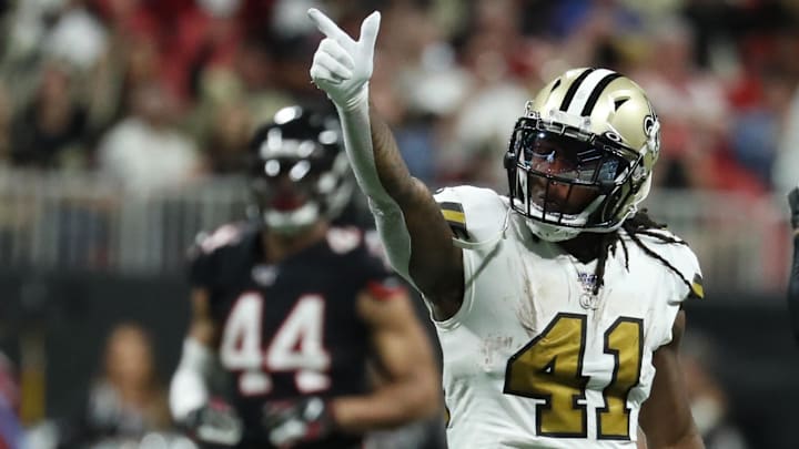 Nov 28, 2019; Atlanta, GA, USA; New Orleans Saints running back Alvin Kamara (41) celebrates after he ran for a first down in the second half against the Atlanta Falcons at Mercedes-Benz Stadium. Mandatory Credit: Jason Getz-Imagn Images