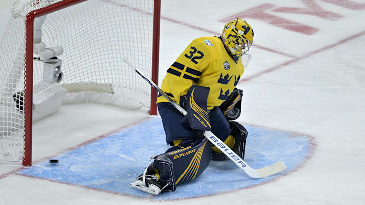 Feb 15, 2025; Montreal, Quebec, CAN; [Imagn Images direct customers only] Team Sweden goalie Filip Gustavsson (32) lets in a goal scored by Team Finland forward Anton Lundell (15) (not pictured) in the first period during a 4 Nations Face-Off ice hockey game at the Bell Centre. Mandatory Credit: Eric Bolte-Imagn Images