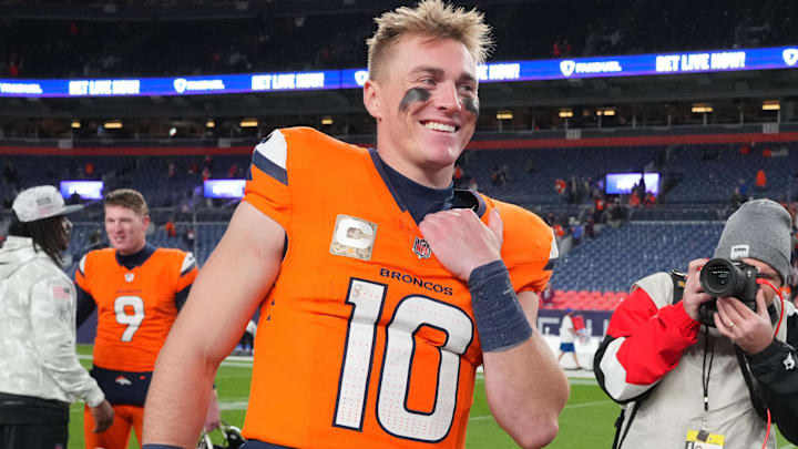 Denver Broncos quarterback Bo Nix (10) reacts following the win over the Atlanta Falcons at Empower Field at Mile High. Denver Broncos quarterback Bo Nix (10) reacts following the win over the Atlanta Falcons at Empower Field at Mile High.