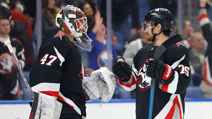 James Reimer (47) and Connor Clifton (75)  sharing a postgame fist bump after their win against the Flyers at the KeyBank Center