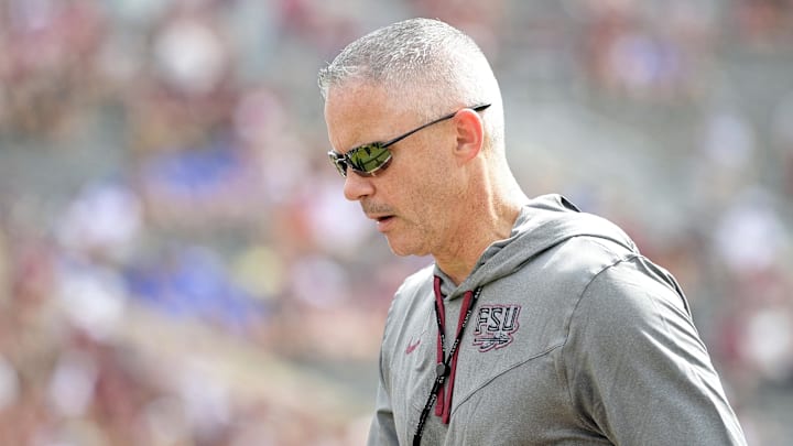 Sep 14, 2024; Tallahassee, Florida, USA; Florida State Seminoles head coach Mike Norvell before a game against the Memphis Tigers at Doak S. Campbell Stadium. Mandatory Credit: Melina Myers-Imagn Images