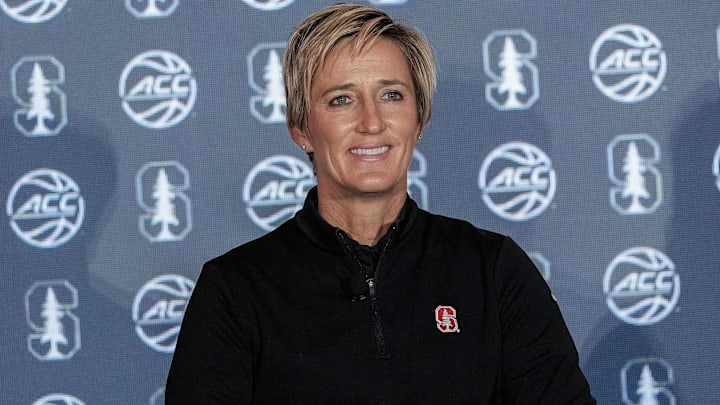 Oct 9, 2024; Charlotte, NC, USA;  Stanford head coach Kate Paye during ACC Media Days at The Hilton Charlotte Uptown. Mandatory Credit: Jim Dedmon-Imagn Images