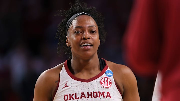 Oklahoma Sooners forward Sahara Williams (6) during the second round of the NCAA March Madness Women's college basketball game between University of Oklahoma Sooners and Iowa Hawkeyes at the Lloyd Noble Center in Norman, Okla., on March 24, 2025.