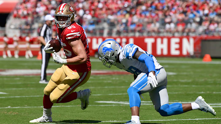 San Francisco 49ers tight end George Kittle (L) vs. Detroit Lions defensive back Quandre Diggs (R)