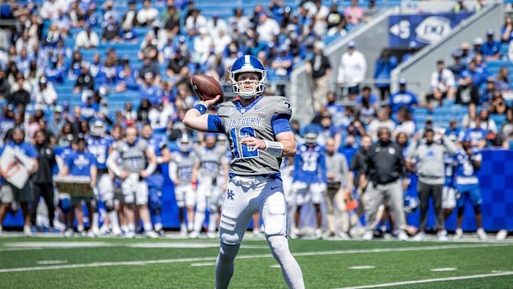 Kentucky quarterback Brock Vandagriff (12) tossed a touchdown to Dane Key during the Kentucky Wildcats' Blue White scrimmage at Kroger Field on Saturday afternoon in Lexington, Kentucky. April 13, 2024