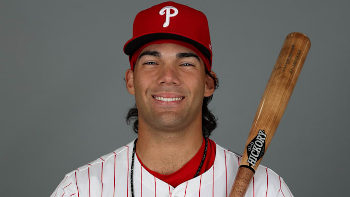 Feb 20, 2025; Clearwater, FL, USA; Philadelphia Phillies outfielder Gabriel Rincones Jr. (85) participates in media day at BayCare Ballpark