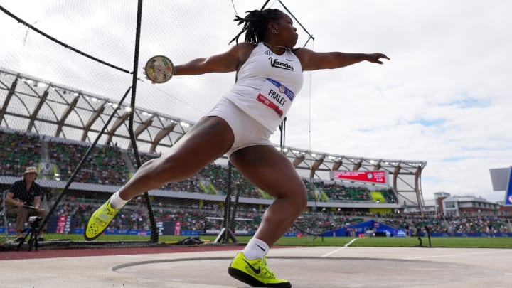 Jun 27, 2024; Eugene, OR, USA; Veronica Fraley of Vanderbilt places third in the women's discus at 205-2 (62.54m) during the US Olympic Team Trials at Hayward Field. Jun 27, 2024; Eugene, OR, USA; Veronica Fraley of Vanderbilt places third in the women's discus at 205-2 (62.54m) during the US Olympic Team Trials at Hayward Field.