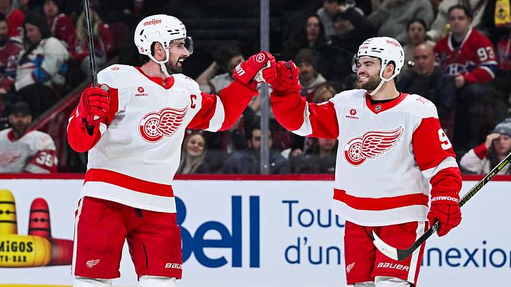 Jan 10, 2026; Montreal, Quebec, CAN; Detroit Red Wings center Dylan Larkin (71) celebrates with right wing Alex DeBrincat (93) his goal against the Montreal Canadiens during the second period at Bell Centre. Mandatory Credit: David Kirouac-Imagn Images Jan 10, 2026; Montreal, Quebec, CAN; Detroit Red Wings center Dylan Larkin (71) celebrates with right wing Alex DeBrincat (93) his goal against the Montreal Canadiens during the second period at Bell Centre. Mandatory Credit: David Kirouac-Imagn Images
