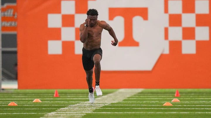 Colton Hood runs during Tennessee Football Pro Day 2026, at University of Tennessee on March 31, 2026.