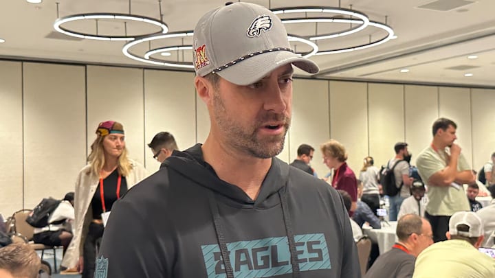 Eagles passing game coordinator Kevin Patullo talks during media availability at Super Bowl LIX.