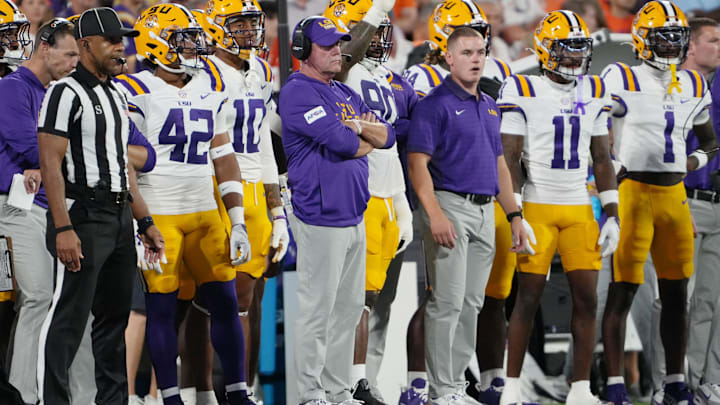 Aug 30, 2025; Clemson, South Carolina, USA; LSU Tigers head coach Brian Kelly looks on against the Clemson Tigers during the second quarter at Memorial Stadium. Mandatory Credit: Ken Ruinard-USA TODAY Network via Imagn Images