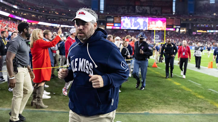 Jan 8, 2026; Glendale, AZ, USA; Mississippi Rebels head coach Pete Golding against the Miami Hurricanes during the 2026 Fiesta Bowl and semifinal game of the College Football Playoff at State Farm Stadium. Mandatory Credit: Mark J. Rebilas-Imagn Images