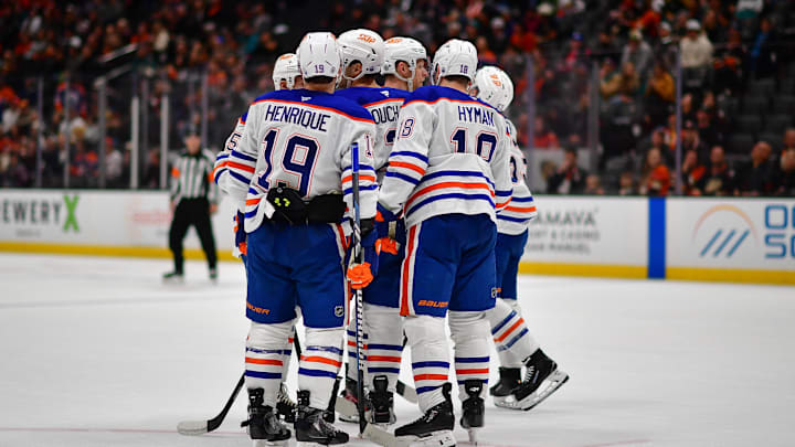 Apr 7, 2025; Anaheim, California, USA; Edmonton Oilers celebrate the goal scored by center Jeff Skinner (53) against the Anaheim Ducks during the third period at Honda Center. Mandatory Credit: Gary A. Vasquez-Imagn Images