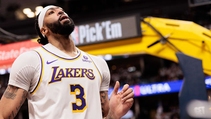 Apr 20, 2024; Denver, Colorado, USA; Los Angeles Lakers forward Anthony Davis (3) reacts to a foul