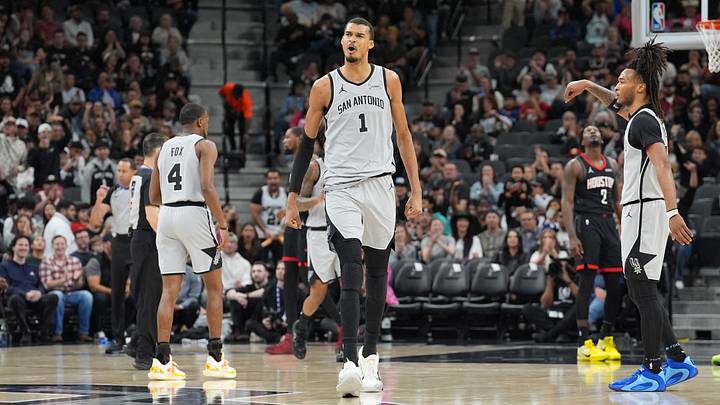 Mar 8, 2026; San Antonio, Texas, USA;  San Antonio Spurs forward Victor Wembanyama (1) reacts in the first half against the Houston Rockets at Frost Bank Center. 