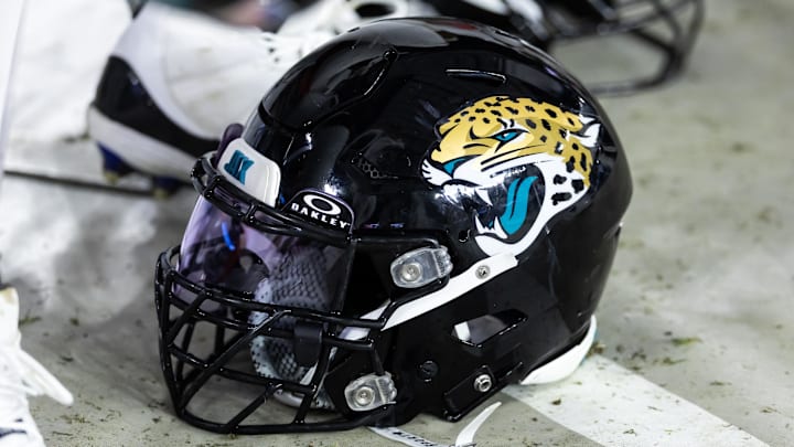 Nov 23, 2025; Glendale, Arizona, USA; Detailed view of a Jacksonville Jaguars helmet at State Farm Stadium. Mandatory Credit: Mark J. Rebilas-Imagn Images