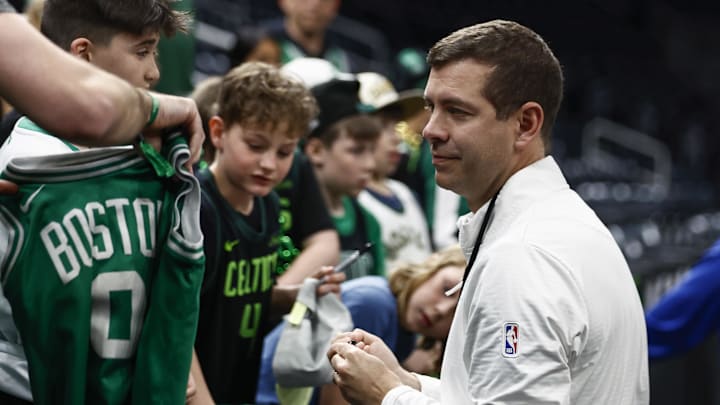 Apr 23, 2025; Boston, Massachusetts, USA; Brad Stevens, president of basketball operations signs autographs before game 2 of first round of the 2024 NBA Playoffs against the Orlando Magic at TD Garden. Mandatory Credit: Winslow Townson-Imagn Images