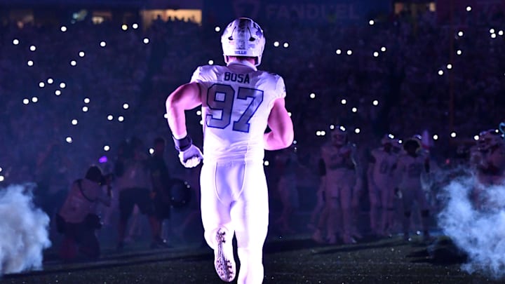 Oct 5, 2025; Orchard Park, New York, USA; Buffalo Bills defensive end Joey Bosa (97) takes the field before the game against the New England Patriots