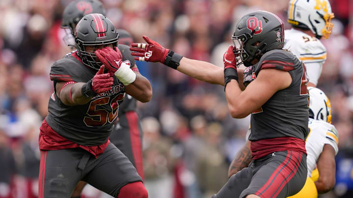 Oklahoma Sooners defensive lineman Gracen Halton (56) and Oklahoma Sooners defensive lineman Taylor Wein (44) celebrate during a college football game between the University of Oklahoma Sooners (OU) and the Missouri Tigers at Gaylord Family Ð Oklahoma Memorial Stadium in Norman, Okla., on Saturday, Nov. 22, 2025. Oklahoma won 17-6.