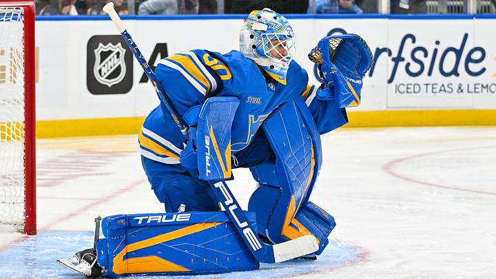 St. Louis Blues goaltender Jordan Binnington (50) defends the net against the Columbus Blue Jackets during the first period at Enterprise Center. Mandatory Credit: Jeff Curry-Imagn Images