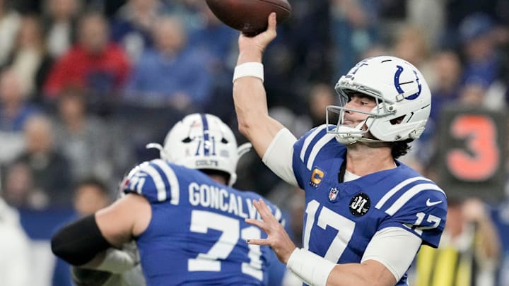 Indianapolis Colts quarterback Daniel Jones (17) passes the ball Sunday, Nov. 30, 2025, during a game against the Houston Texans at Lucas Oil Stadium in Indianapolis.
