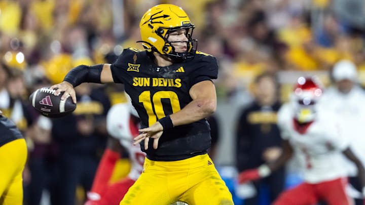 Oct 25, 2025; Tempe, Arizona, USA; Arizona State Sun Devils quarterback Sam Leavitt (10) against the Houston Cougars at Mountain America Stadium. Mandatory Credit: Mark J. Rebilas-Imagn Images Oct 25, 2025; Tempe, Arizona, USA; Arizona State Sun Devils quarterback Sam Leavitt (10) against the Houston Cougars at Mountain America Stadium. Mandatory Credit: Mark J. Rebilas-Imagn Images