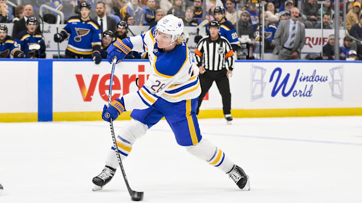 Dec 29, 2024; St. Louis, Missouri, USA;  Buffalo Sabres defenseman Rasmus Dahlin (26) shoots against the St. Louis Blues during the first period at Enterprise Center. Mandatory Credit: Jeff Curry-Imagn Images