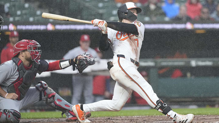 May 28, 2025; Baltimore, Maryland, USA; Baltimore Orioles second baseman Jackson Holliday (7) hits an RBI double against the St. Louis Cardinals during the second inning at Oriole Park at Camden Yards. May 28, 2025; Baltimore, Maryland, USA; Baltimore Orioles second baseman Jackson Holliday (7) hits an RBI double against the St. Louis Cardinals during the second inning at Oriole Park at Camden Yards.