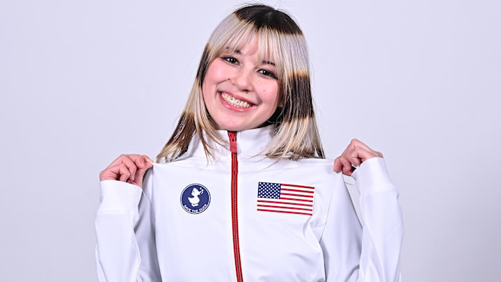 Jan 11, 2026; St. Louis, Missouri, UNITED STATES; Alysa Liu poses for a photo following the 2026 Milan Olympics figure skating team announcement show at Enterprise Center.