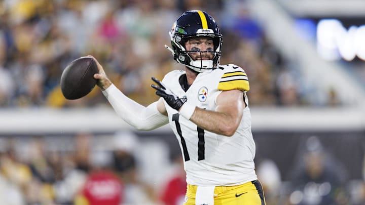 Aug 9, 2025; Jacksonville, Florida, USA; Pittsburgh Steelers quarterback Skylar Thompson (17) throws the ball against the Jacksonville Jaguars during the second quarter at EverBank Stadium. Mandatory Credit: Morgan Tencza-Imagn Images