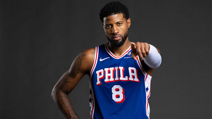 Philadelphia 76ers forward Paul George (8) poses for a photo on media day at the Philadelphia 76ers Training Complex. Mandatory Credit: Bill Streicher-Imagn Images