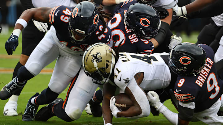 Saints running back Alvin Kamara is swarmed by Jaquan Brisker and the Bears defense in Sunday's 26-14 Chicago win. Saints running back Alvin Kamara is swarmed by Jaquan Brisker and the Bears defense in Sunday's 26-14 Chicago win.