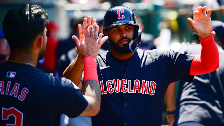 May 26, 2024; Anaheim, California, USA; Cleveland Guardians outfielder Johnathan Rodriguez (30) is greeted after scoring a run against the Los Angeles Angels during the sixth inning at Angel Stadium. Mandatory Credit: Gary A. Vasquez-USA TODAY Sports