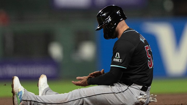 Apr 18, 2024; San Francisco, California, USA; Arizona Diamondbacks first base Christian Walker (53) reacts after getting tagged out during the seventh inning against the San Francisco Giants at Oracle Park. Apr 18, 2024; San Francisco, California, USA; Arizona Diamondbacks first base Christian Walker (53) reacts after getting tagged out during the seventh inning against the San Francisco Giants at Oracle Park.