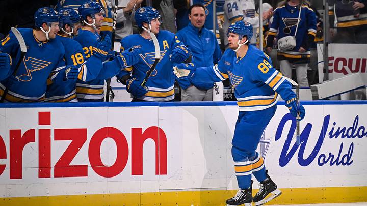 Apr 14, 2026; St. Louis, Missouri, USA; St. Louis Blues left wing Pavel Buchnevich (89) celebrates with teammates after scoring a goal during the third period against the Pittsburgh Penguins at Enterprise Center. Mandatory Credit: Connor Hamilton-Imagn Images