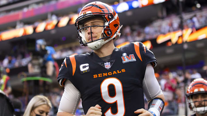 Feb 13, 2022; Inglewood, CA, USA; Cincinnati Bengals quarterback Joe Burrow (9) against the Los Angeles Rams during Super Bowl LVI at SoFi Stadium. Mandatory Credit: Mark J. Rebilas-Imagn Images