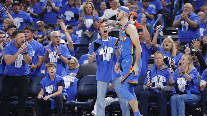 May 18, 2025; Oklahoma City, Oklahoma, USA; Oklahoma City Thunder fans cheer for Oklahoma City Thunder guard Alex Caruso (9) after he forced a Denve Nuggets turnover in the first quarter during game seven of the second round for the 2025 NBA Playoffs at Paycom Center. Mandatory Credit: Alonzo Adams-Imagn Images May 18, 2025; Oklahoma City, Oklahoma, USA; Oklahoma City Thunder fans cheer for Oklahoma City Thunder guard Alex Caruso (9) after he forced a Denve Nuggets turnover in the first quarter during game seven of the second round for the 2025 NBA Playoffs at Paycom Center. Mandatory Credit: Alonzo Adams-Imagn Images