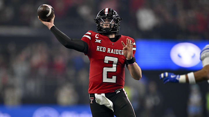 Dec 6, 2025; Arlington, TX, USA; Texas Tech Red Raiders quarterback Behren Morton (2) throws the ball during the second half against the BYU Cougars at AT&T Stadium. Mandatory Credit: Jerome Miron-Imagn Images